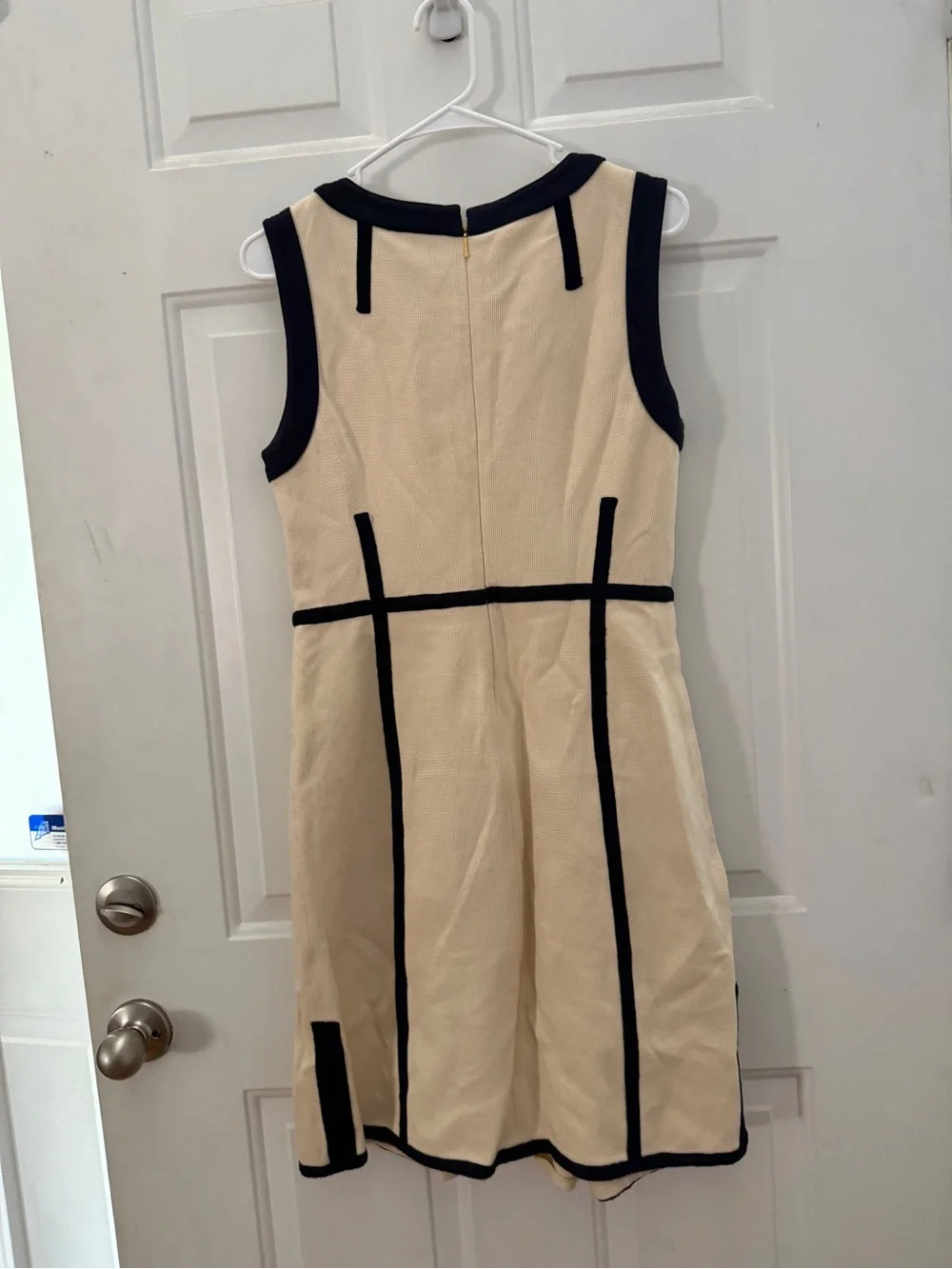 Tory Burch Beige Midi Shift Dress with Navy Trim